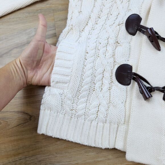 💜Caslon Ivory Cable Knit Button Hooded Long Sleeve Cardigan Medium - Picture 8 of 13